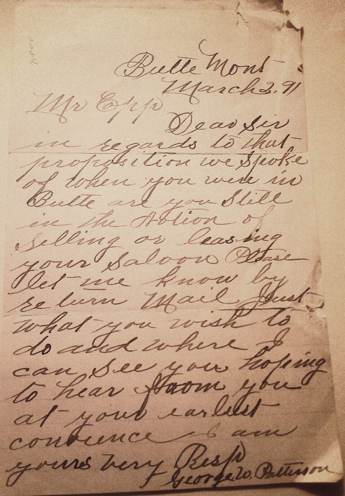 1891 Butte, Montana - Handwritten letter re. proposed sale or rental of a saloon