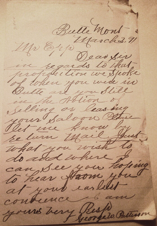 1891 Butte, Montana - Handwritten letter re. proposed sale or rental of a saloon
