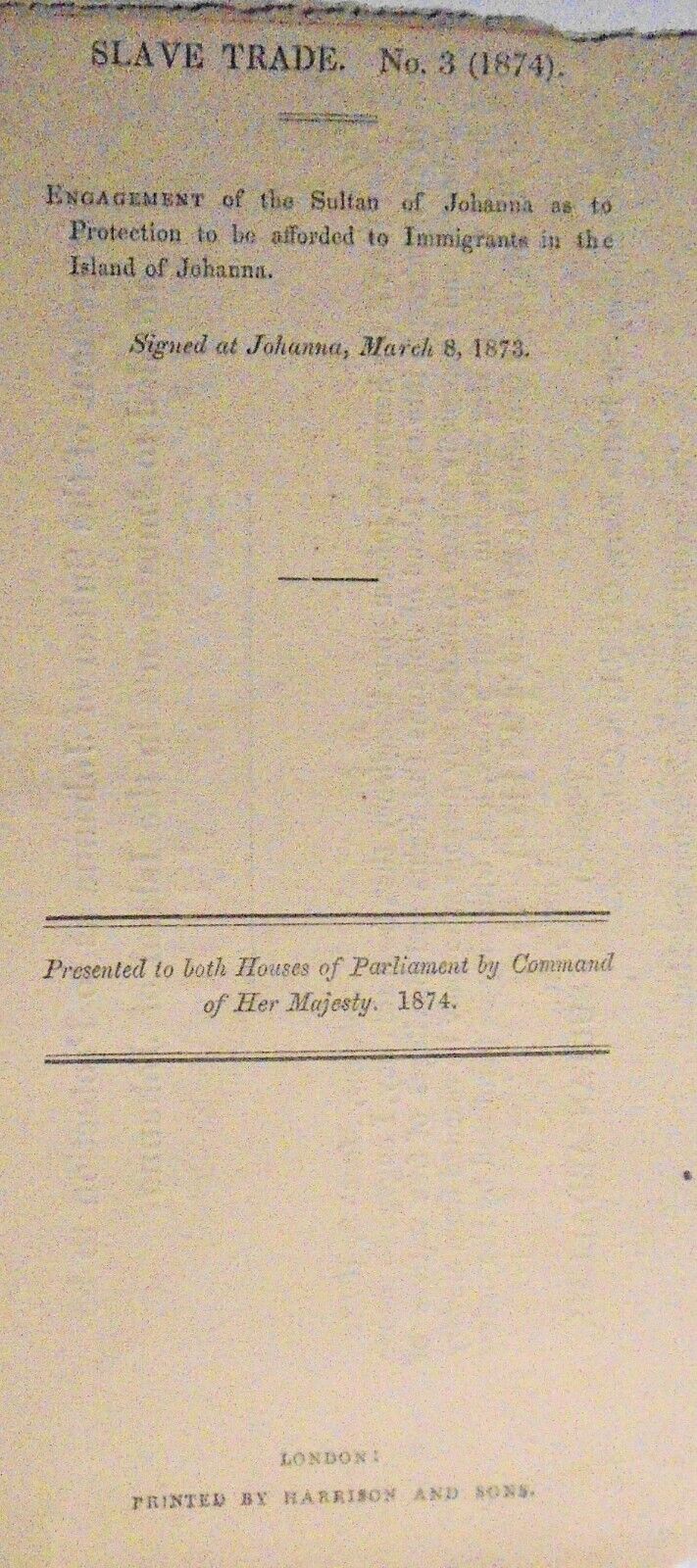 1874 [Slave Trade] Engagement of Sultan of Johanna in protection of  immigrants