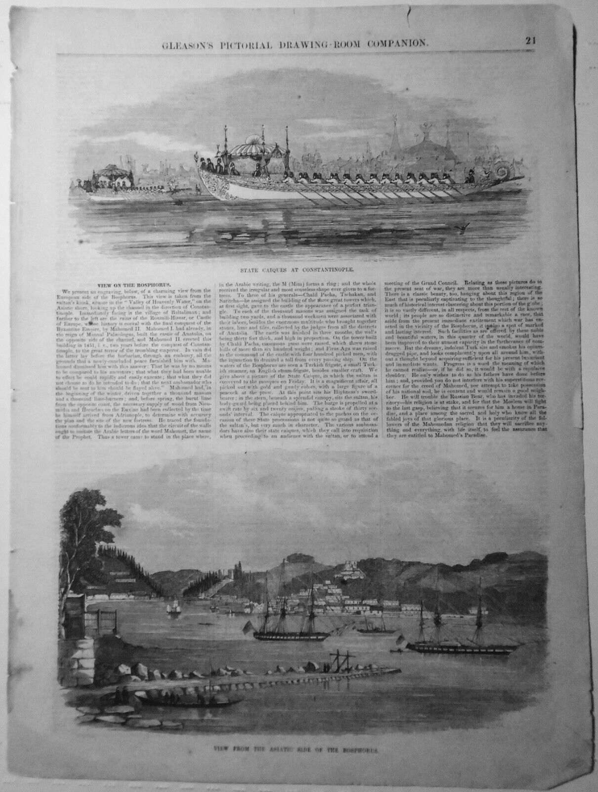 View Of The Bosphorus - 2 prints & story - Gleason's Pictorial 1854