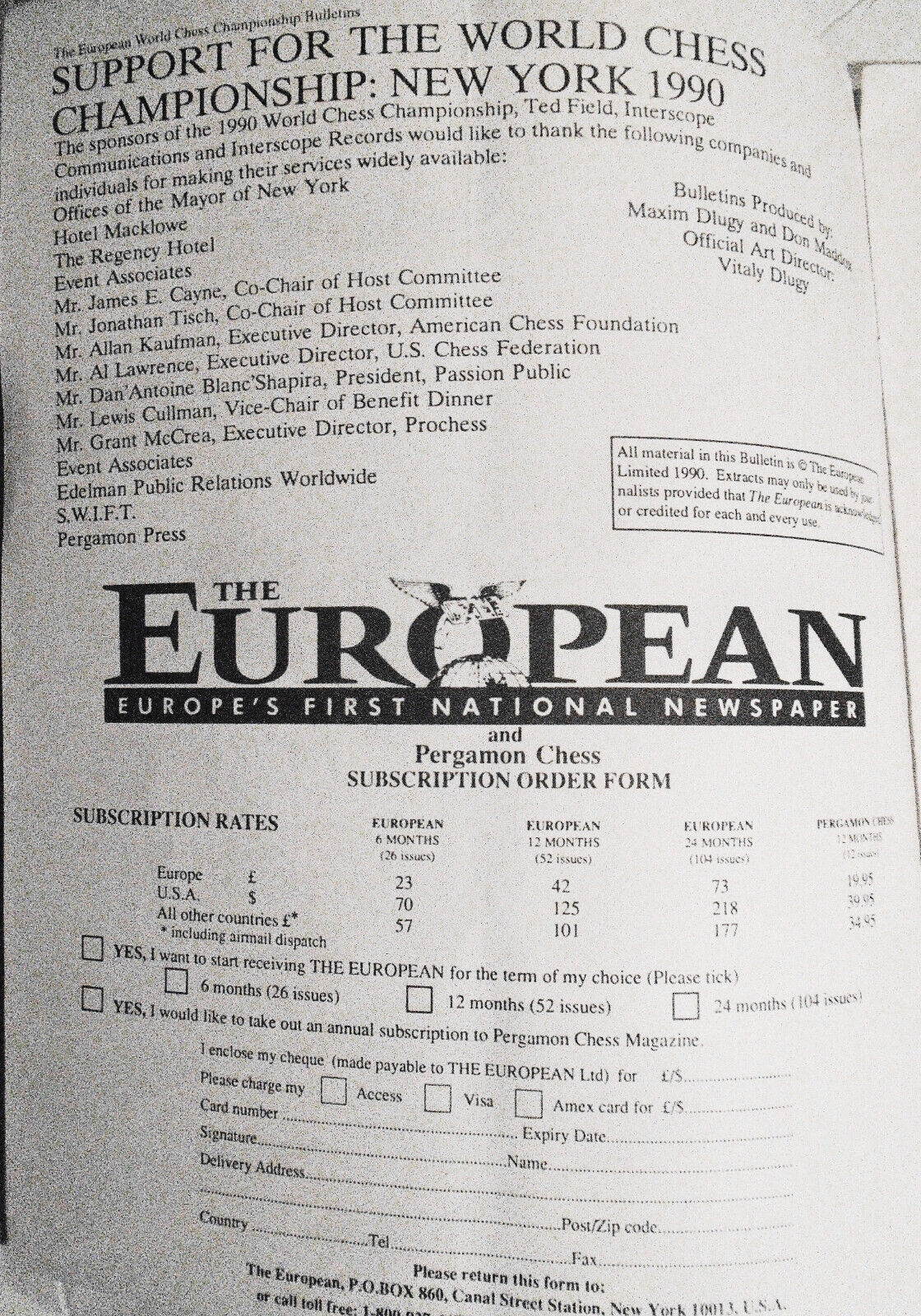 The European World Chess Championship Bulletin, Game 3, 1990. Kasparov vs Karpov