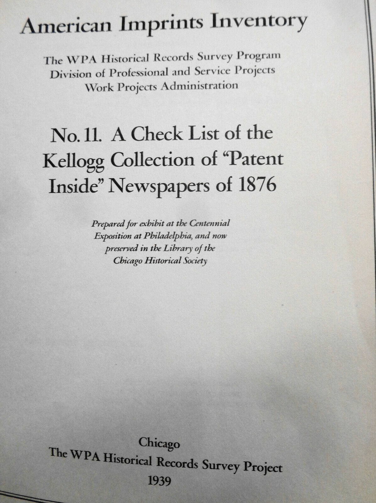 1939 WPA Check list of Kellogg collection of "Patent inside" newspapers of 1876