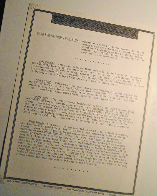 1981 Ralph Records Spring Newsletter :  Residents, Tuxedomoon, Snakefinger, etc.