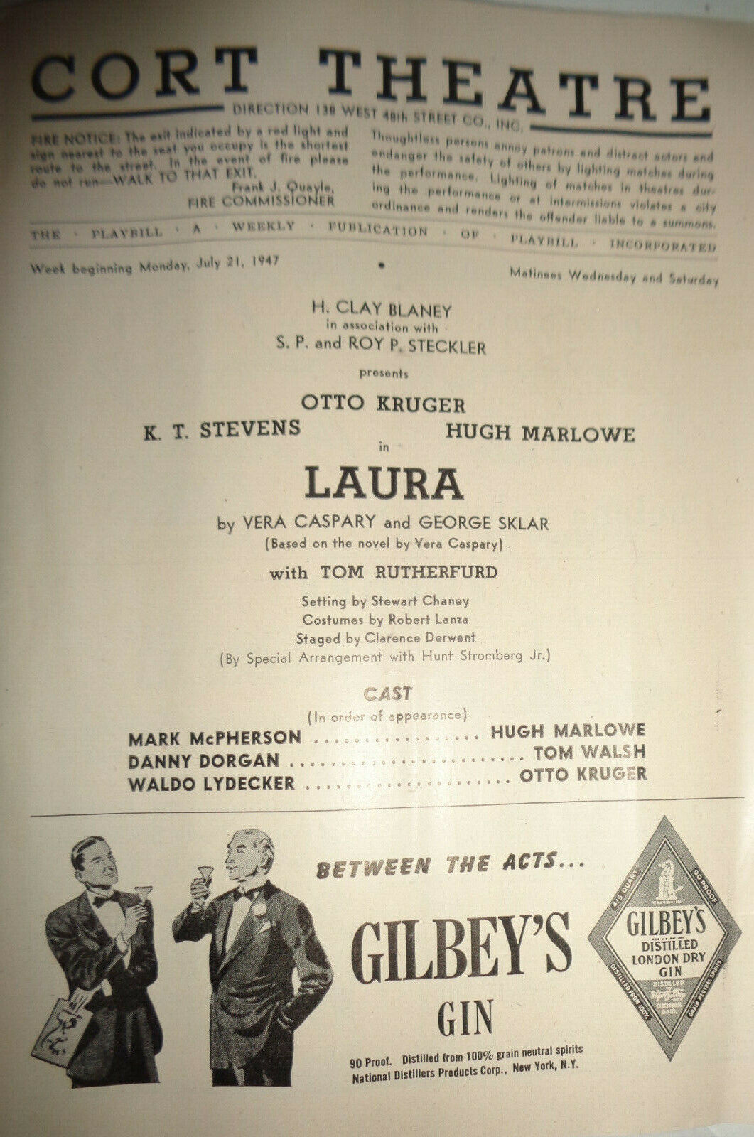 "LAURA" by Vera Caspary - THE PLAYBILL - JULY 21, 1947. Cort Theatre, NYC