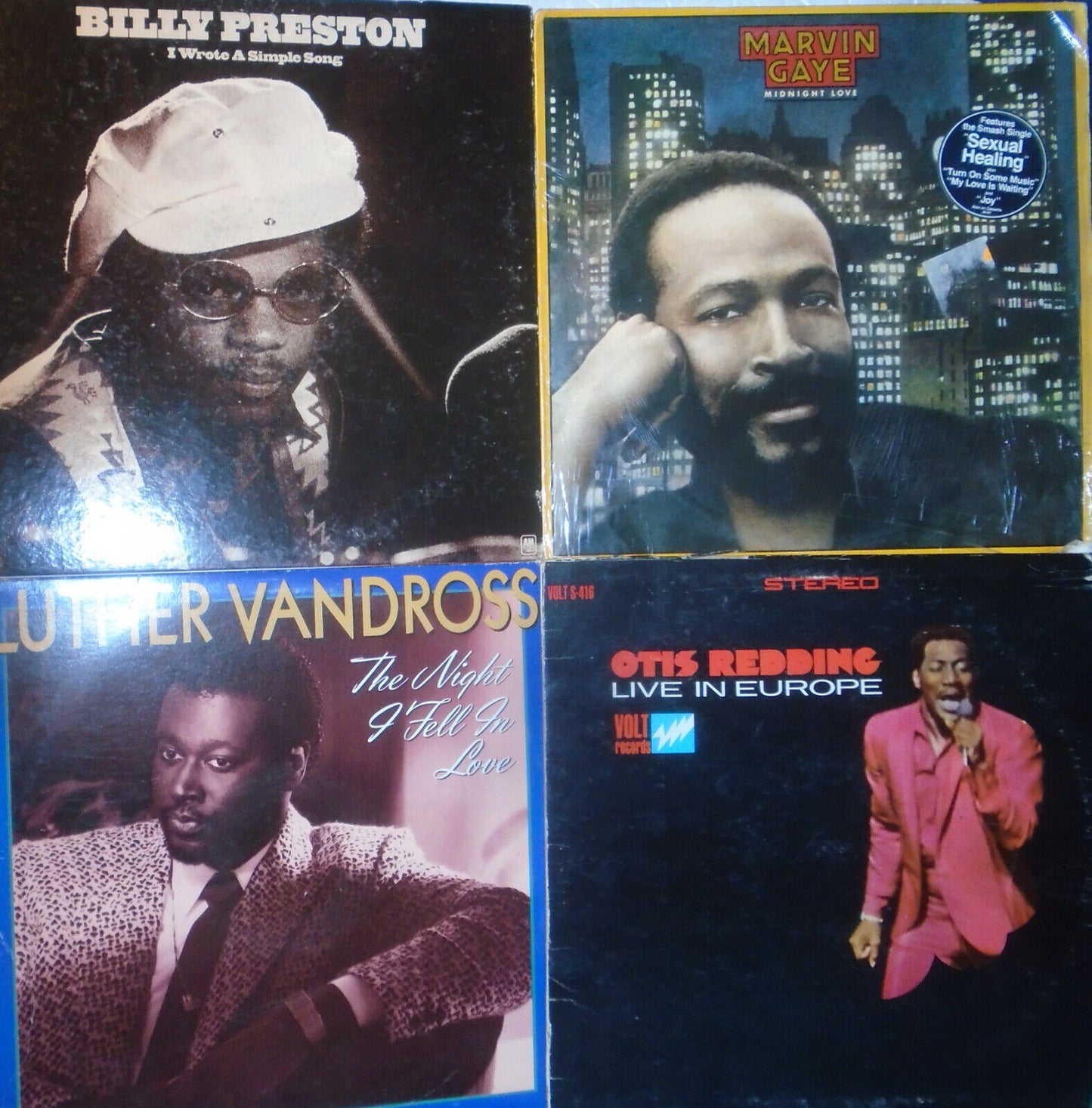 Lot of 4 R&B Soul LPs: Billy Preston, Marvin Gaye, Luther Vandross, Otis Redding