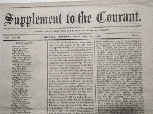 "Ole Bull in America" - Supplement To Connecticut Courant, February 22, 1868