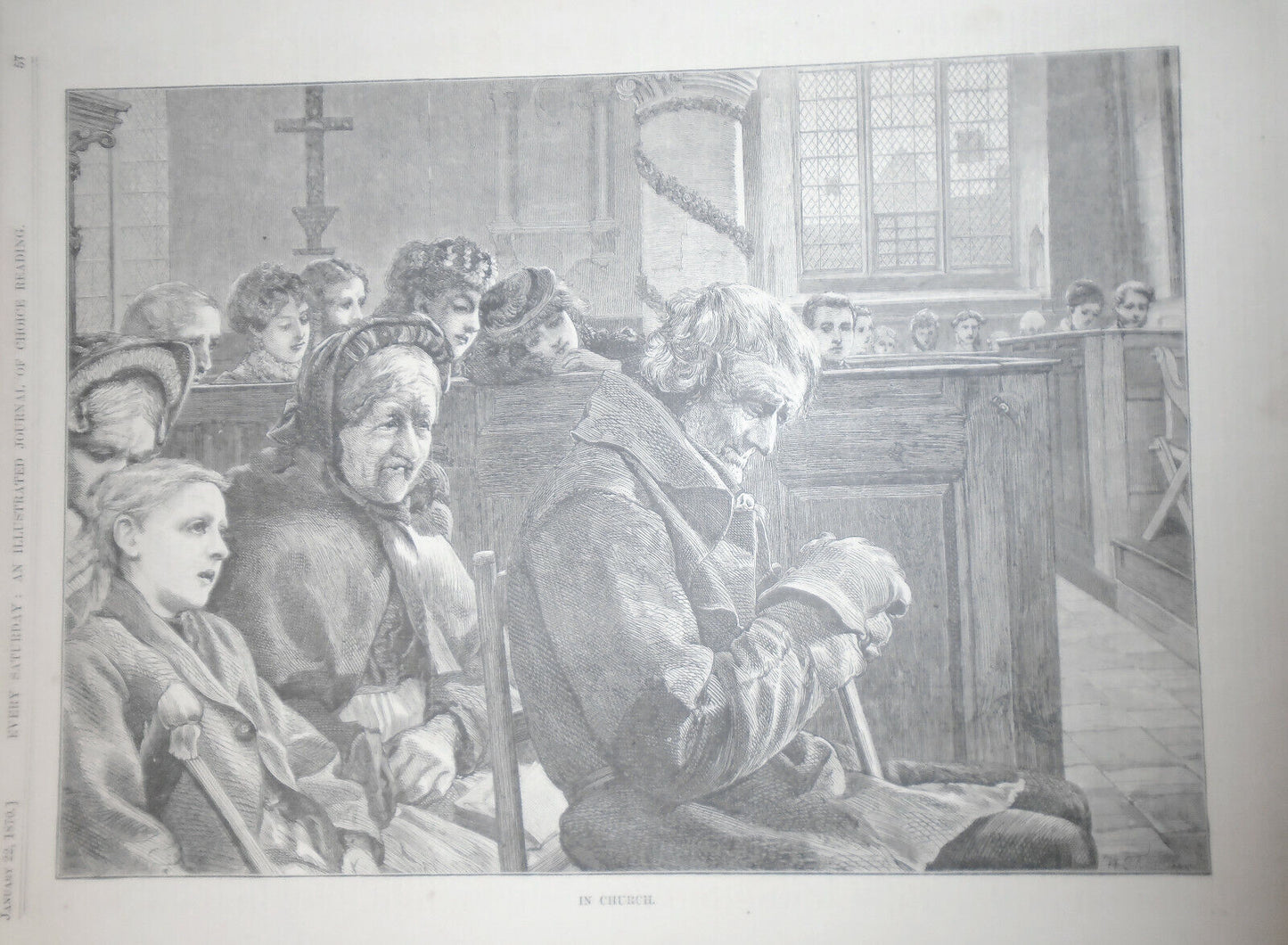 Every Saturday - Original, Full Page Print - "In Church" - January 22, 1870