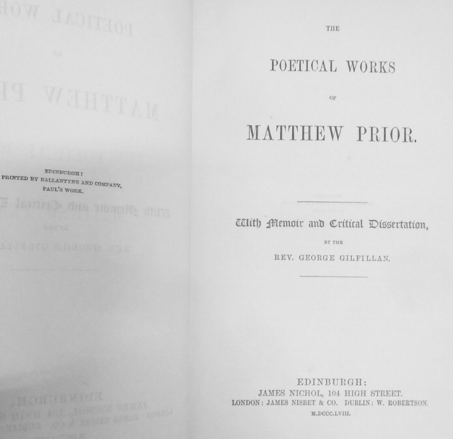 1858 The  Poetical Works of Matthew Prior, With Memoir and Critical Dissertation