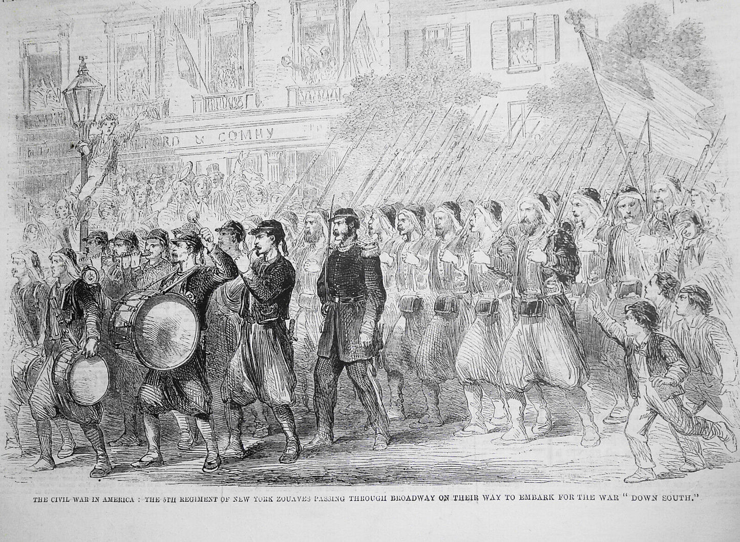 1861 [Civil War] New York Zouaves on Broadway on their way to war "down south"