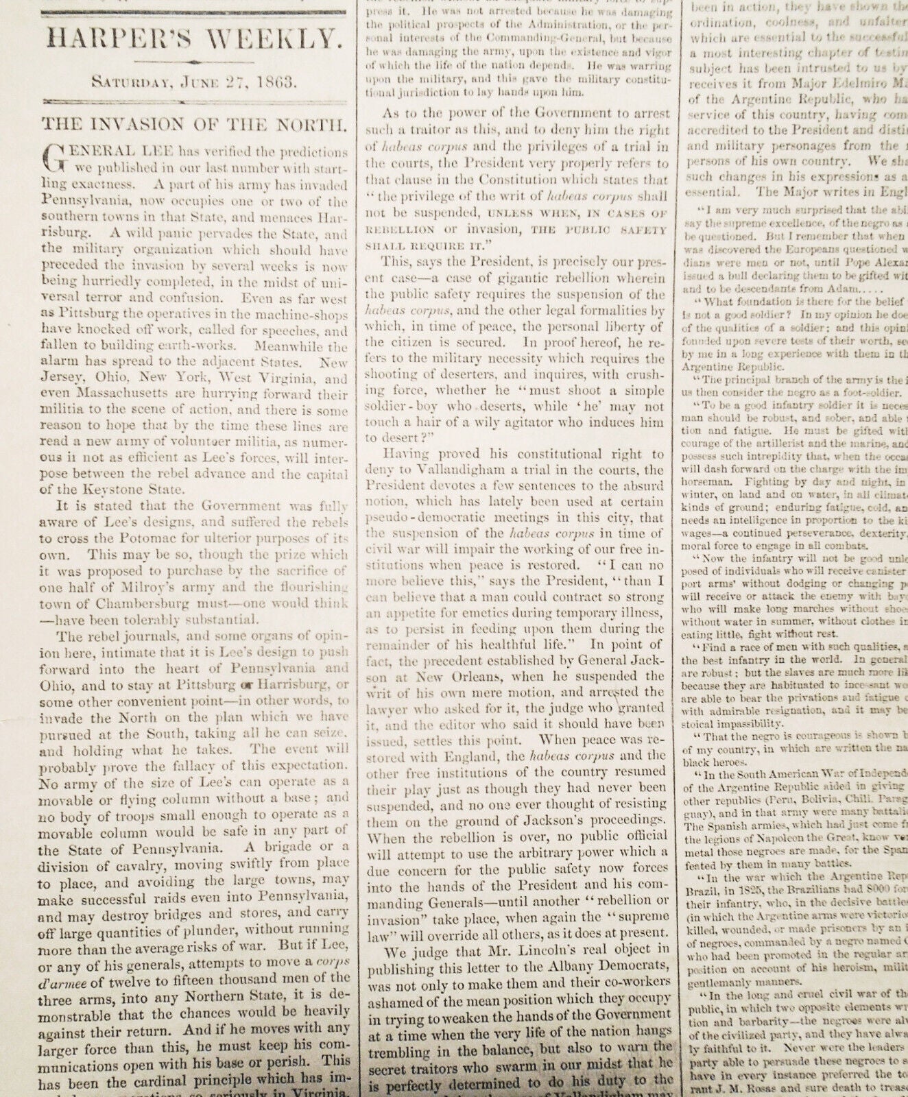 Harper's Weekly June 27, 1863 - Civil War reports / Map of Theatre of Operations