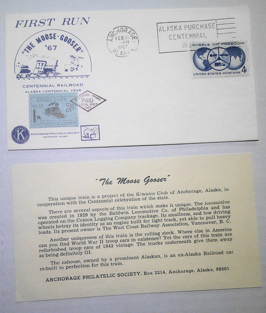 1967 First Run cover of Alaskan Railroad "The Moose Gooser" with cachet vignette