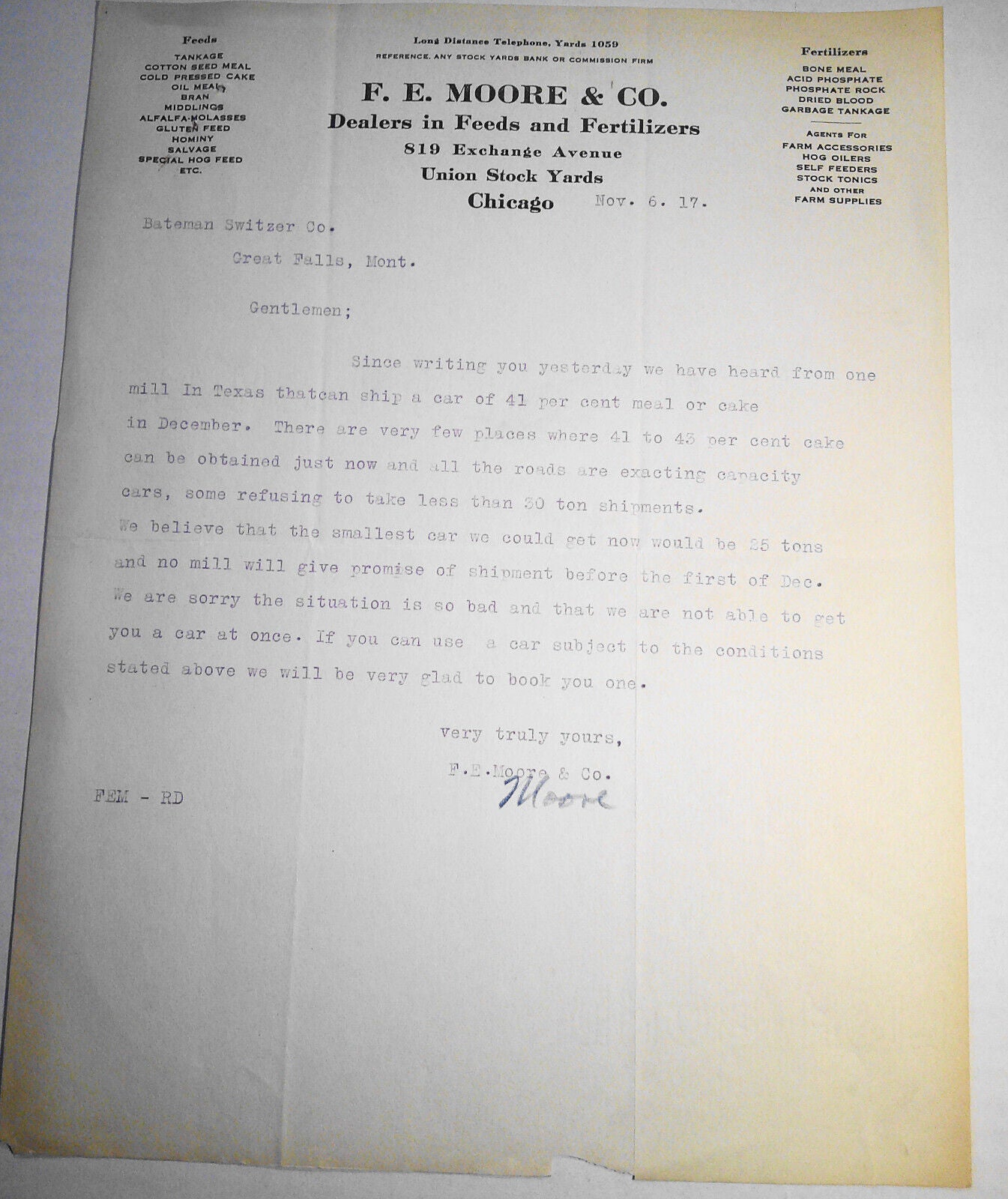 F. E. Moore & Co., Chicago, Dealers in Feeds & Fertilizers, Business Letter