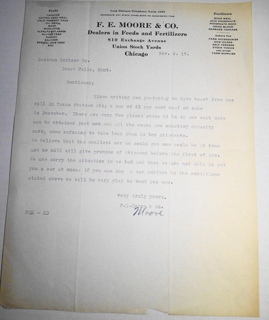 F. E. Moore & Co., Chicago, Dealers in Feeds & Fertilizers, Business Letter