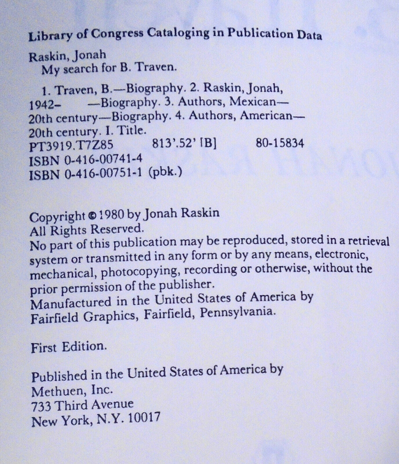 My Search for B. Traven, by Jonah Raskin. SIGNED First edition (1980, Hardcover)