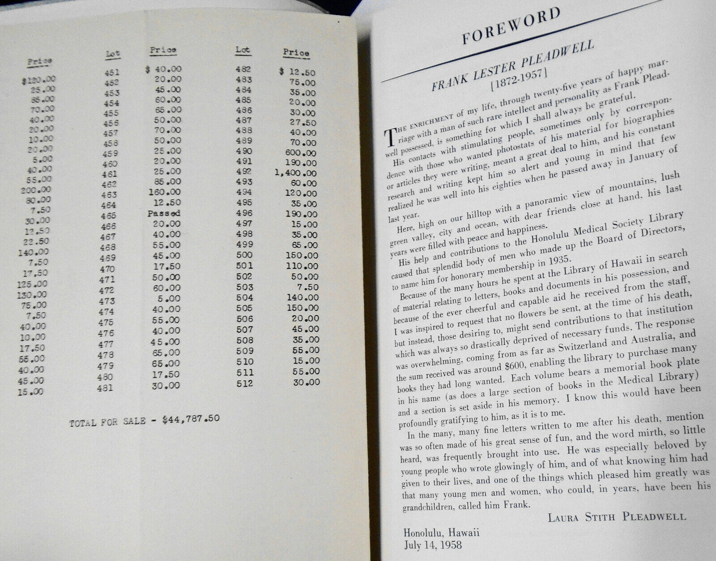 American, British, Continental autographs and mss - Pleadwell. 1958 Parke-Bernet