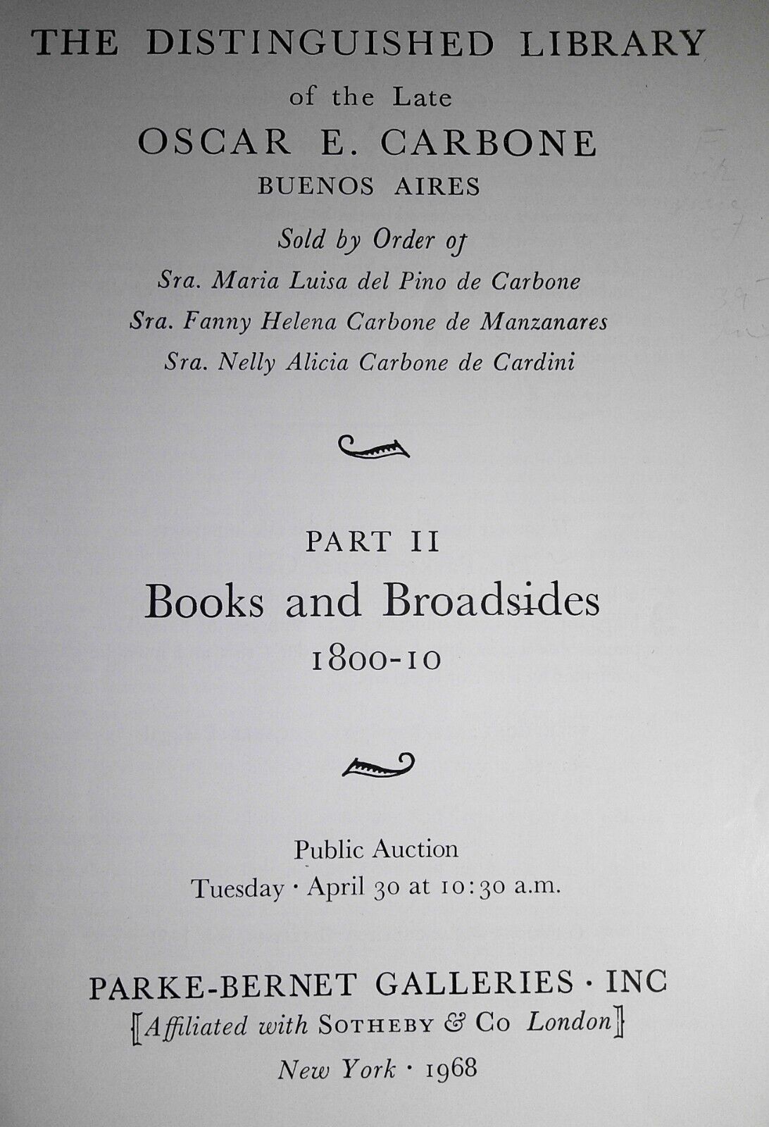 Distinguished Library of Oscar Carbone - Parts 1&2, 1968. Parke-Bernet Galleries