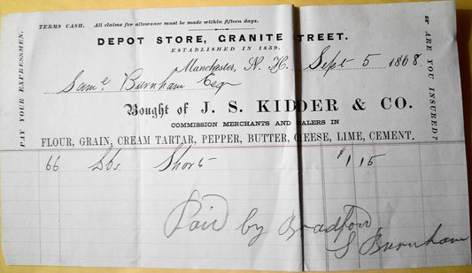 1868 Depot Store, Granite Street, Manchester, NH. Bought of J. S. Kidder receipt