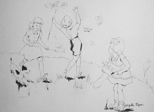 Georgette Pique sketch - Children catching butterflies - 20x13"