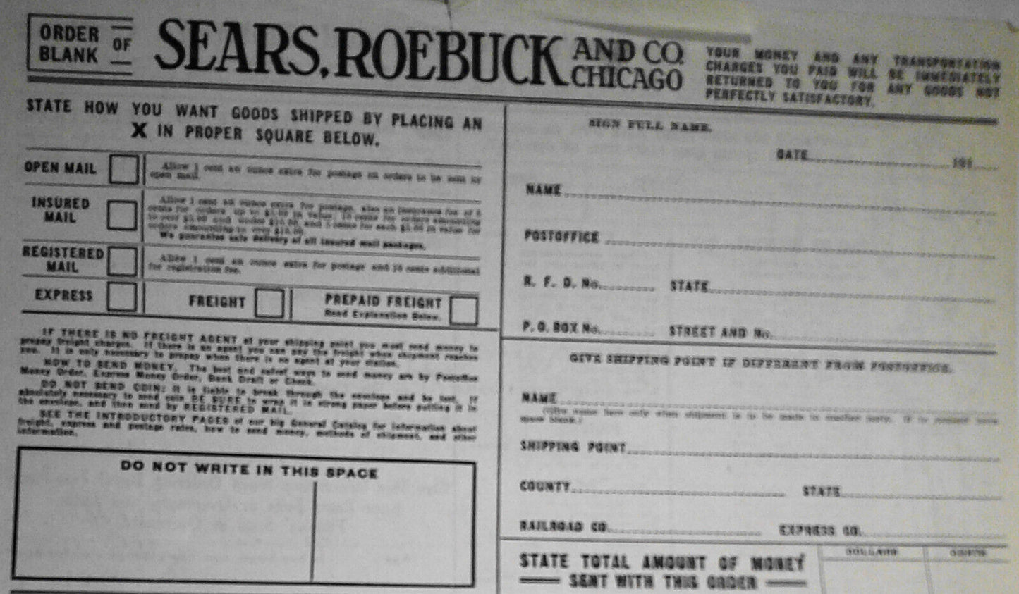 1905 original Sears, Roebuck And Co Retail Catalog Order Blank, filled out.