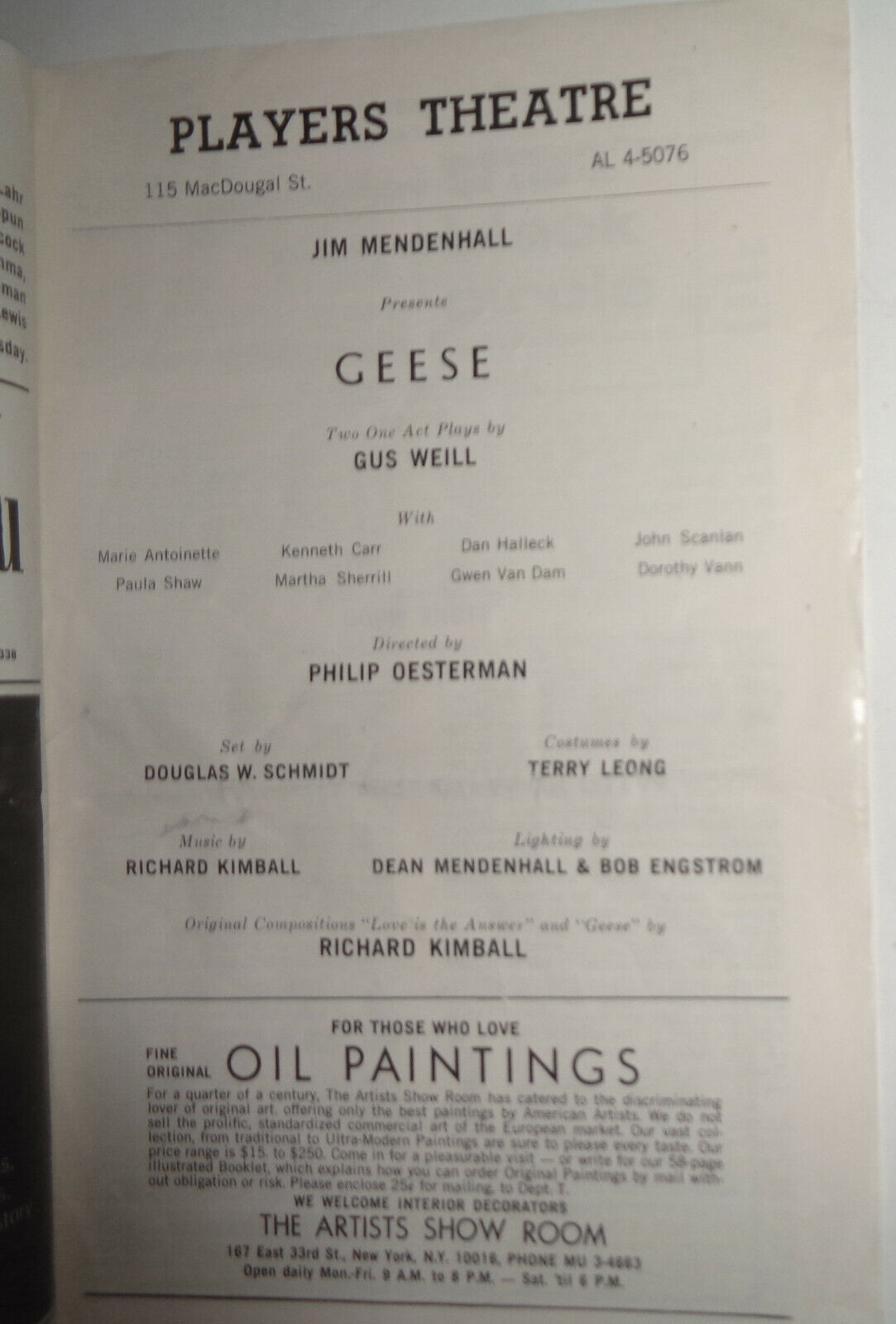 GEESE, by Gus Weill - PROGRAM - NEW YORK: PLAYERS THEATRE 1969