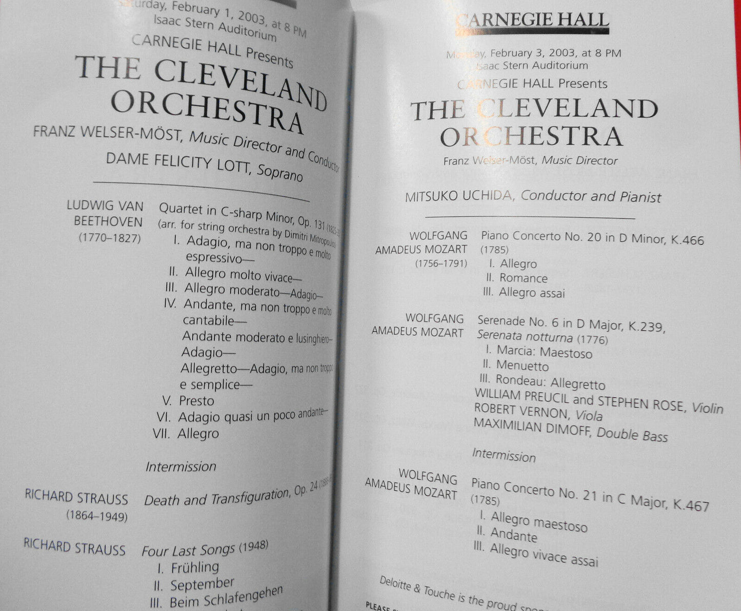 THE CLEVELAND ORCHESTRA - PLAYBILL - FEB 2003  Carnegie Hall DAME FELICITY LOTT