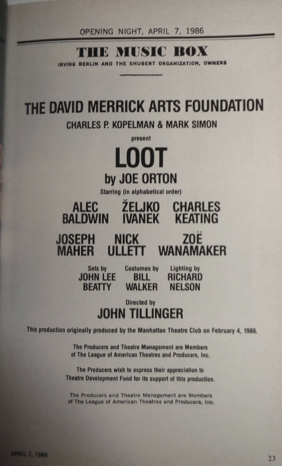 LOOT PLAYBILL OPENING NIGHT APRIL 7, 1986  MUSIC BOX ALEC BALDWIN, ZELJKO IVANEK