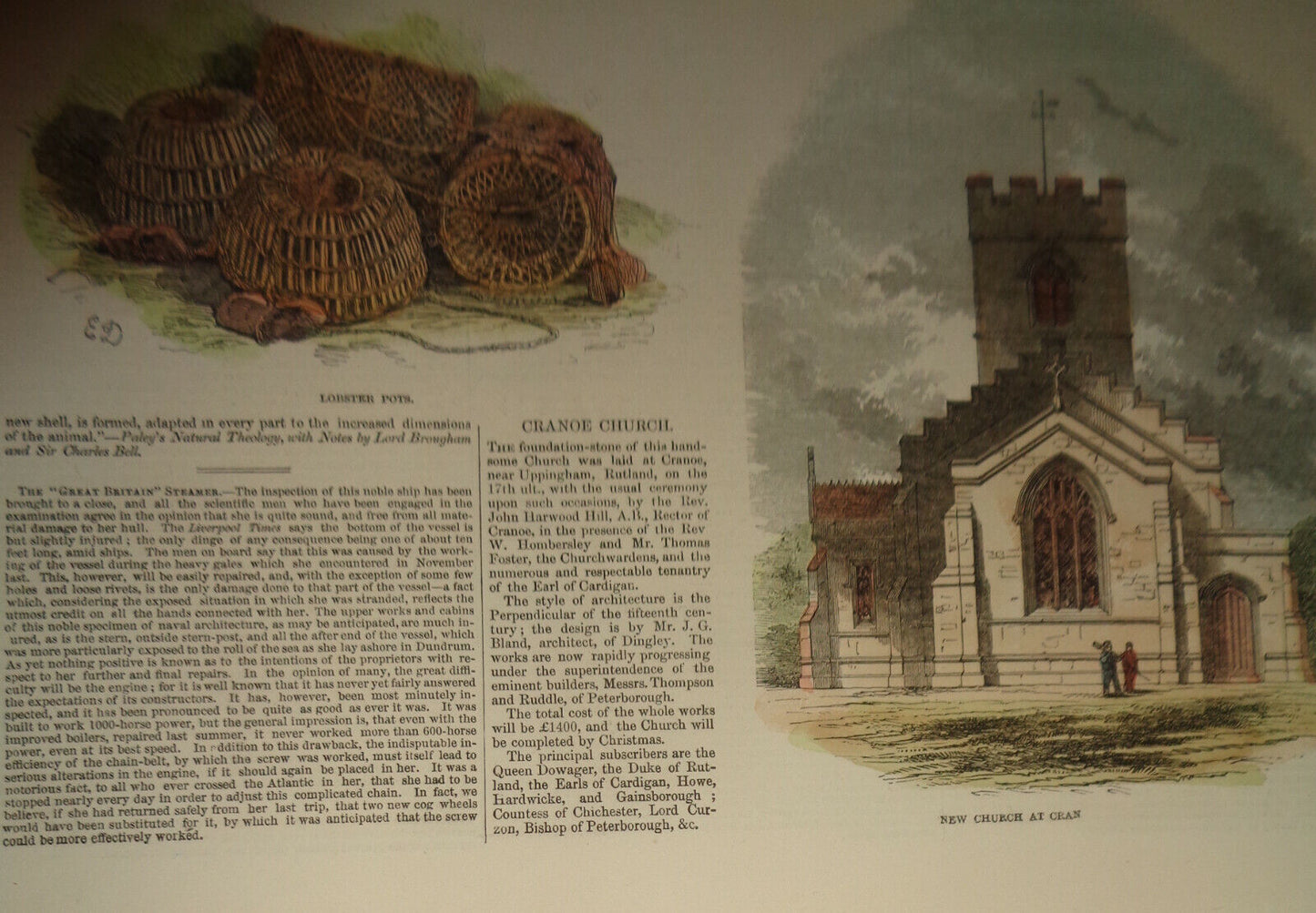 LOBSTER FISHING / CRANOE CHURCH [Hand-colored] - ILLUSTRATED LONDON NEWS - 1847