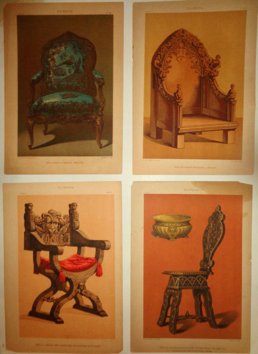 EUROPA - lot of four antique chair lithographs circa 1890 by J. Aleu, Barcelona.