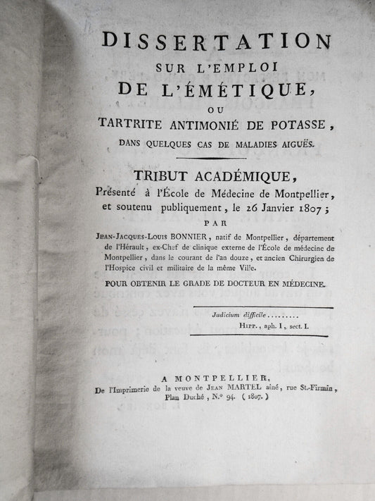 1807 Dissertation sur l'emploi  l'émétique... dans quelques...maladies aigues