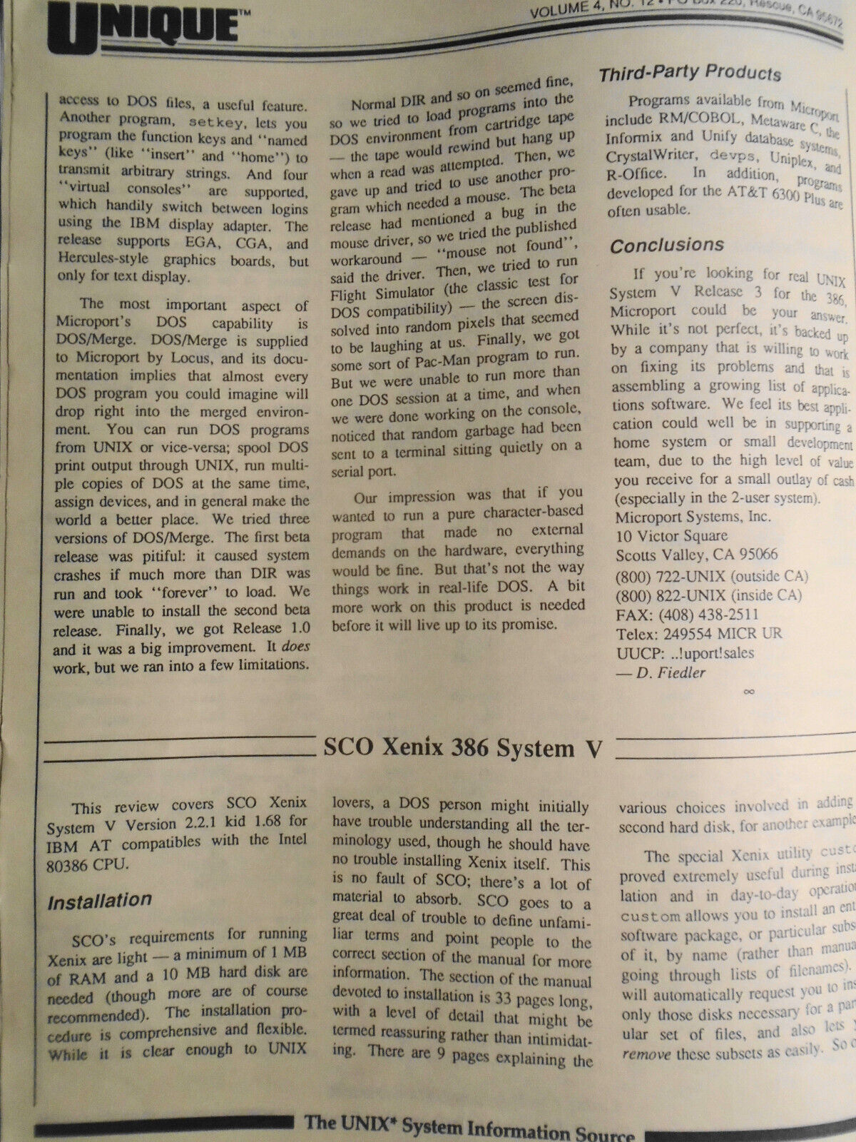 UNIQUE: The UNIX System Information Source  Nov. 1987 - 386 Wars; SCO, Microport