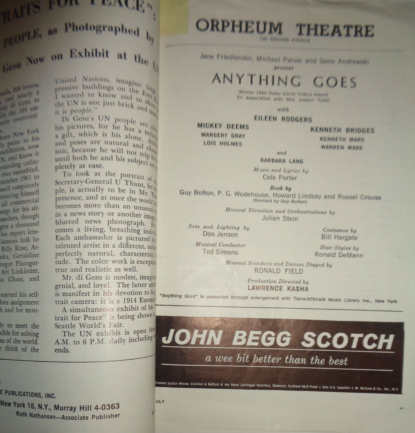 ANYTHING GOES - SHOWBILL - ORPHEUM THEATRE, NYC - 1962