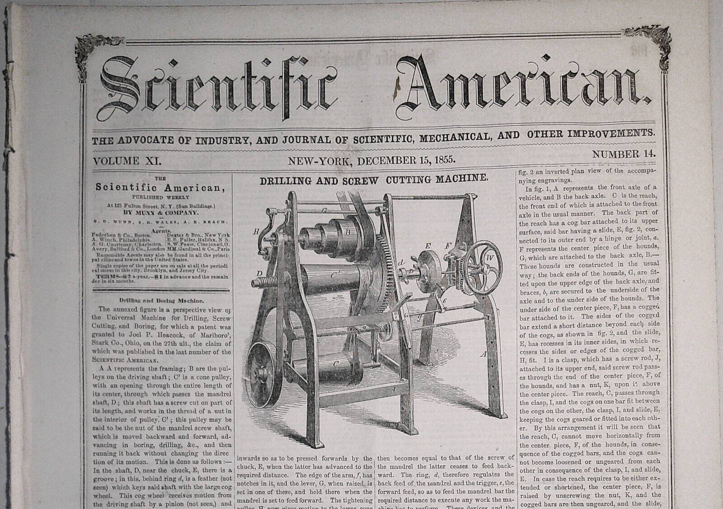 Scientific American, December 15, 1855. Drilling and Boring Machine, etc