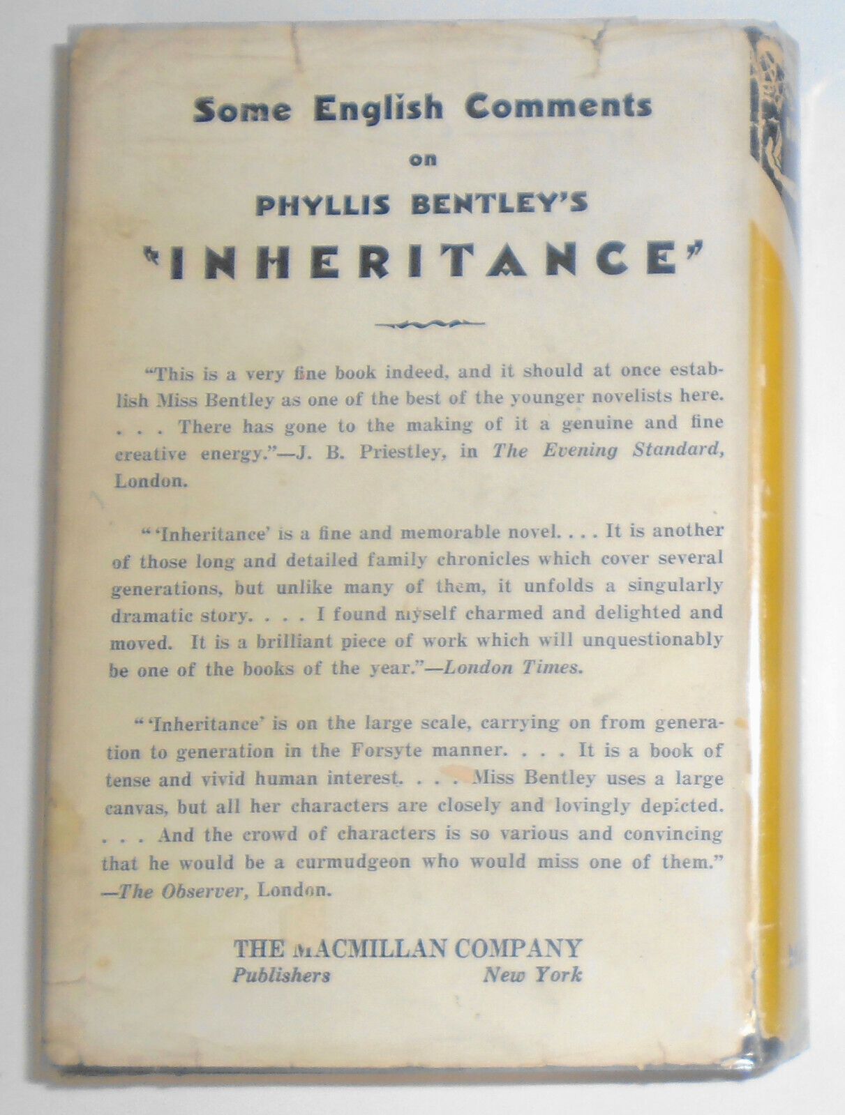 Inheritance, by Phyllis Bentley. 1932. Hardcover/DJ
