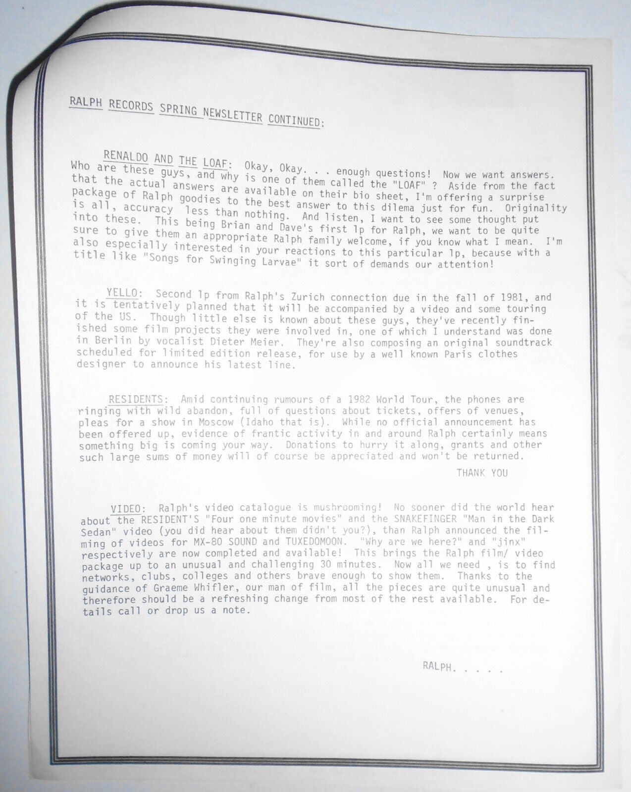 1981 Ralph Records Spring Newsletter :  Residents, Tuxedomoon, Snakefinger, etc.