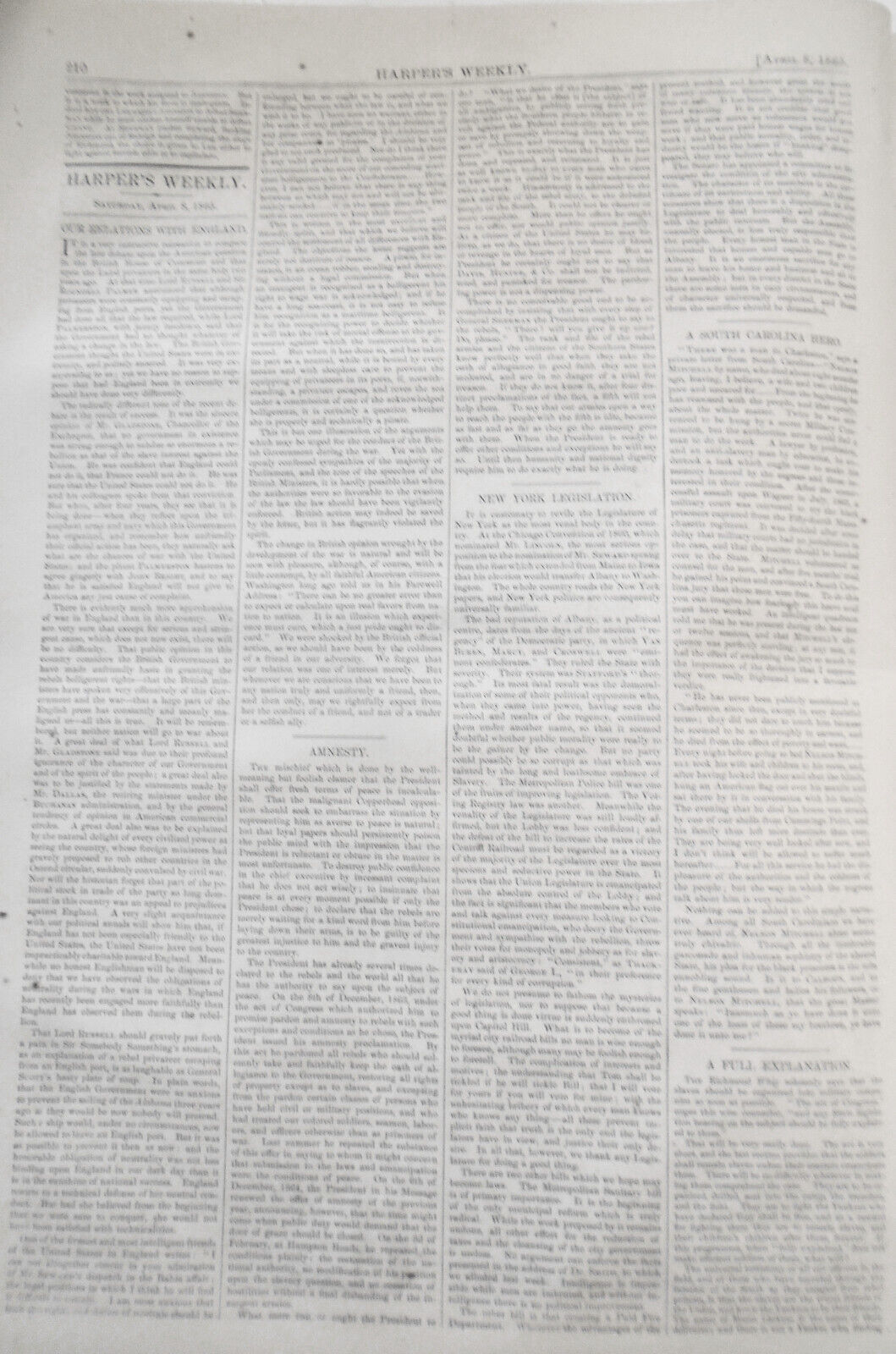 Harper's Weekly April 8, 1865 Original Complete issue. Burning of Columbia, SC..