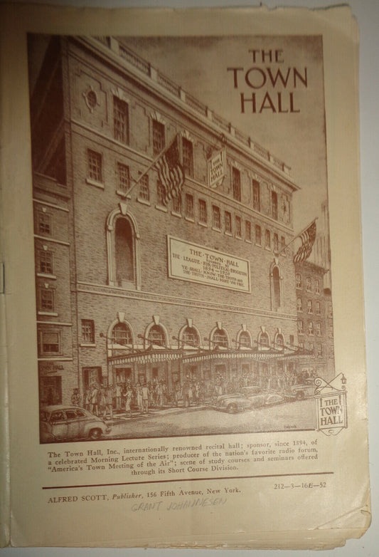 GRANT JOHANNESEN, PIANIST - PROGRAM - 1952 - TOWN HALL, NYC