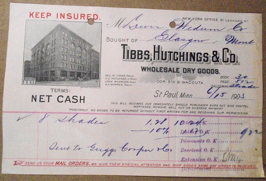 1903 Tibbs, Hutchings & Co. Receipt - Wholesale Dry Goods, St. Paul, MN