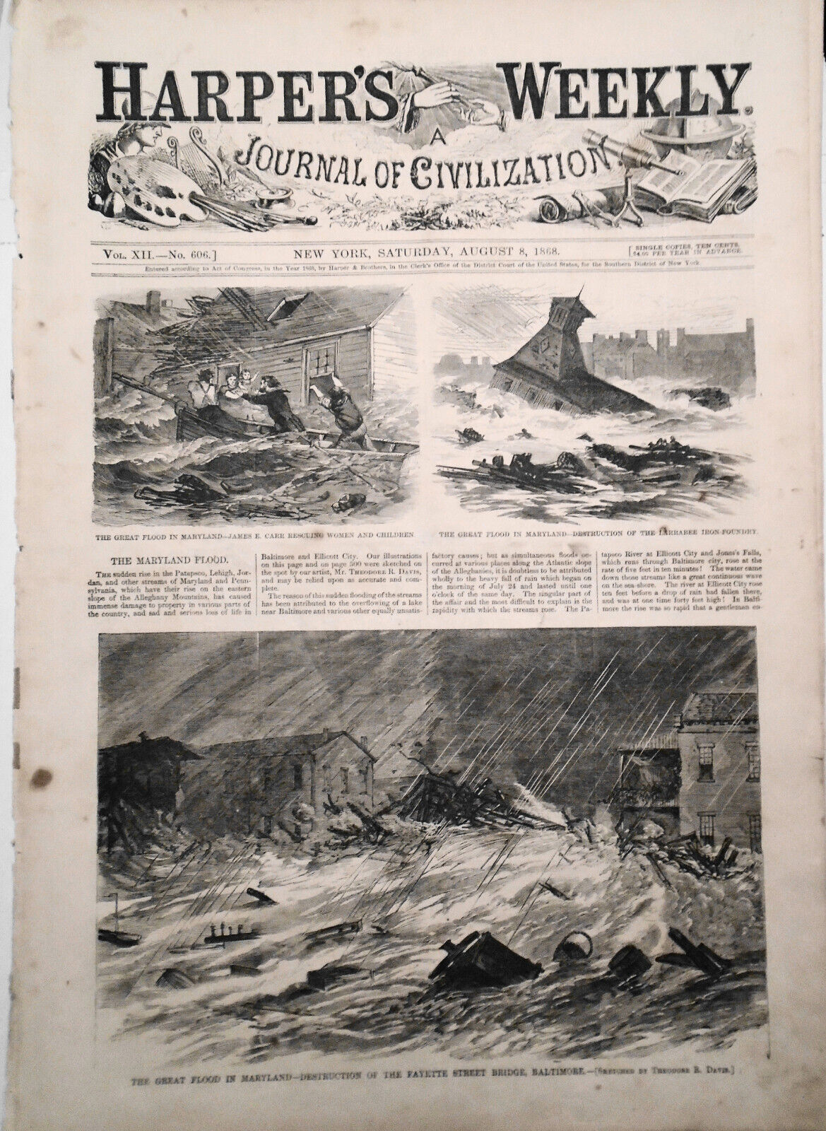 Harper's Weekly August 8, 1868 - Original - Maryland Flood; Polar Bear Hunt, etc