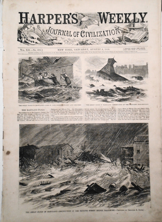 Harper's Weekly August 8, 1868 - Original - Maryland Flood; Polar Bear Hunt, etc