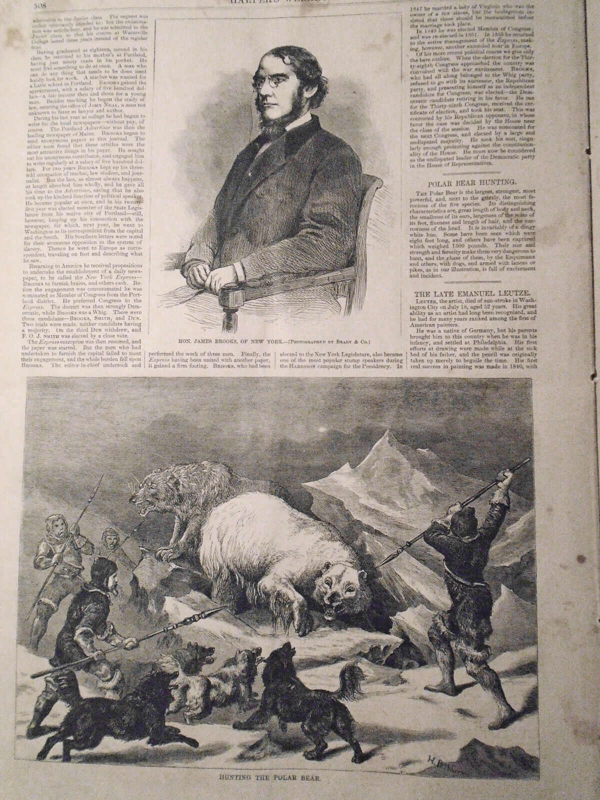 Harper's Weekly August 8, 1868 - Original - Maryland Flood; Polar Bear Hunt, etc