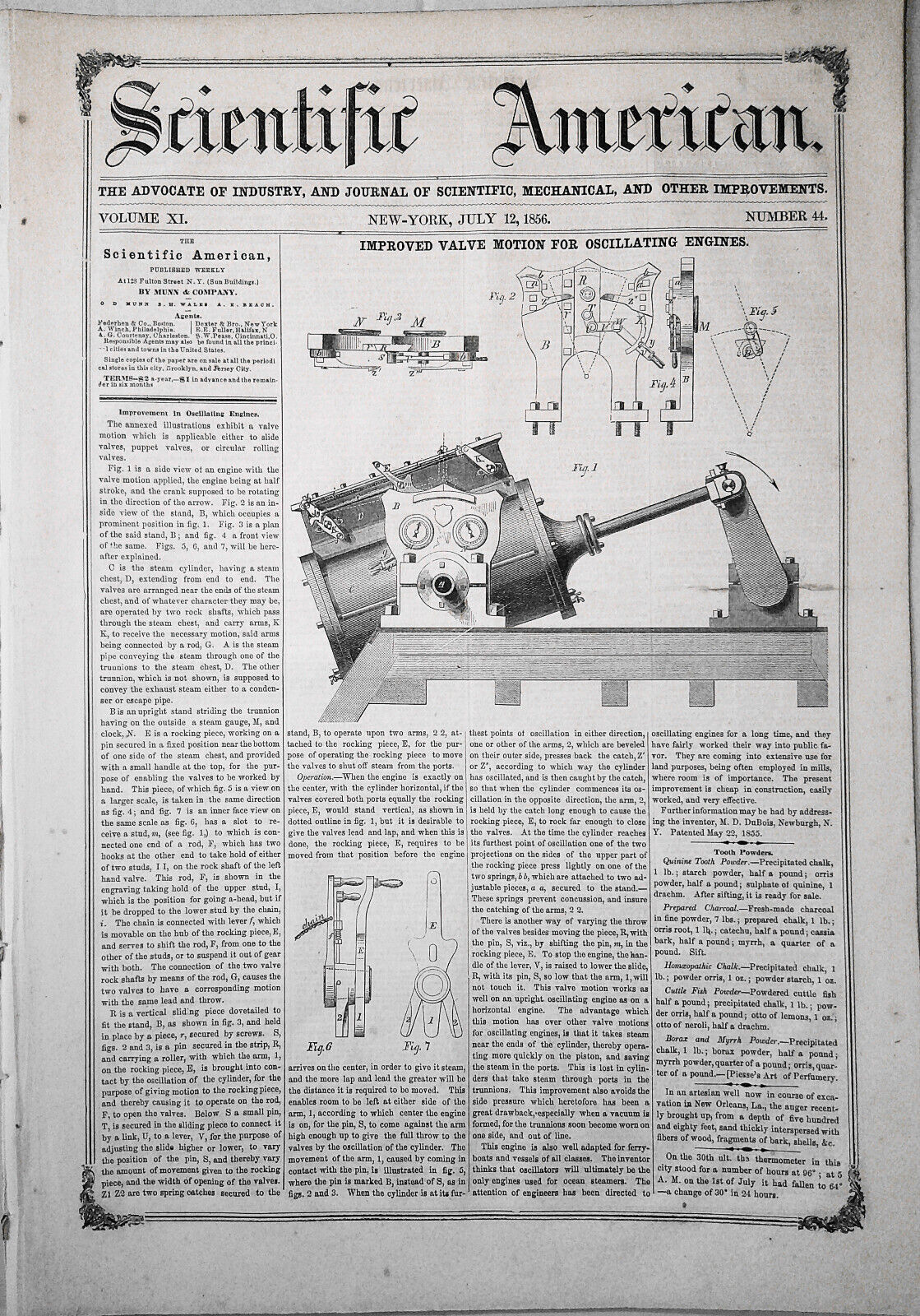 Scientific American, July 12, 1856. Corn planter; oscillating engines; gold etc