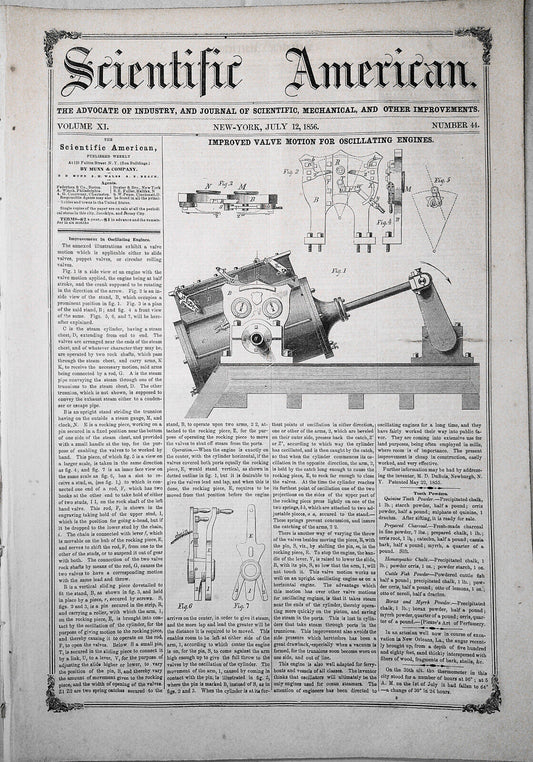 Scientific American, July 12, 1856. Corn planter; oscillating engines; gold etc