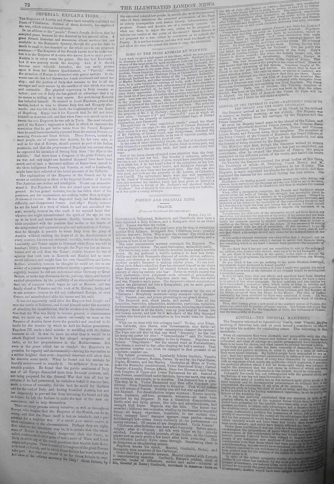 Illustrated London News July 23, 1859. Notre Dame Cathedral Restored. Cattle etc