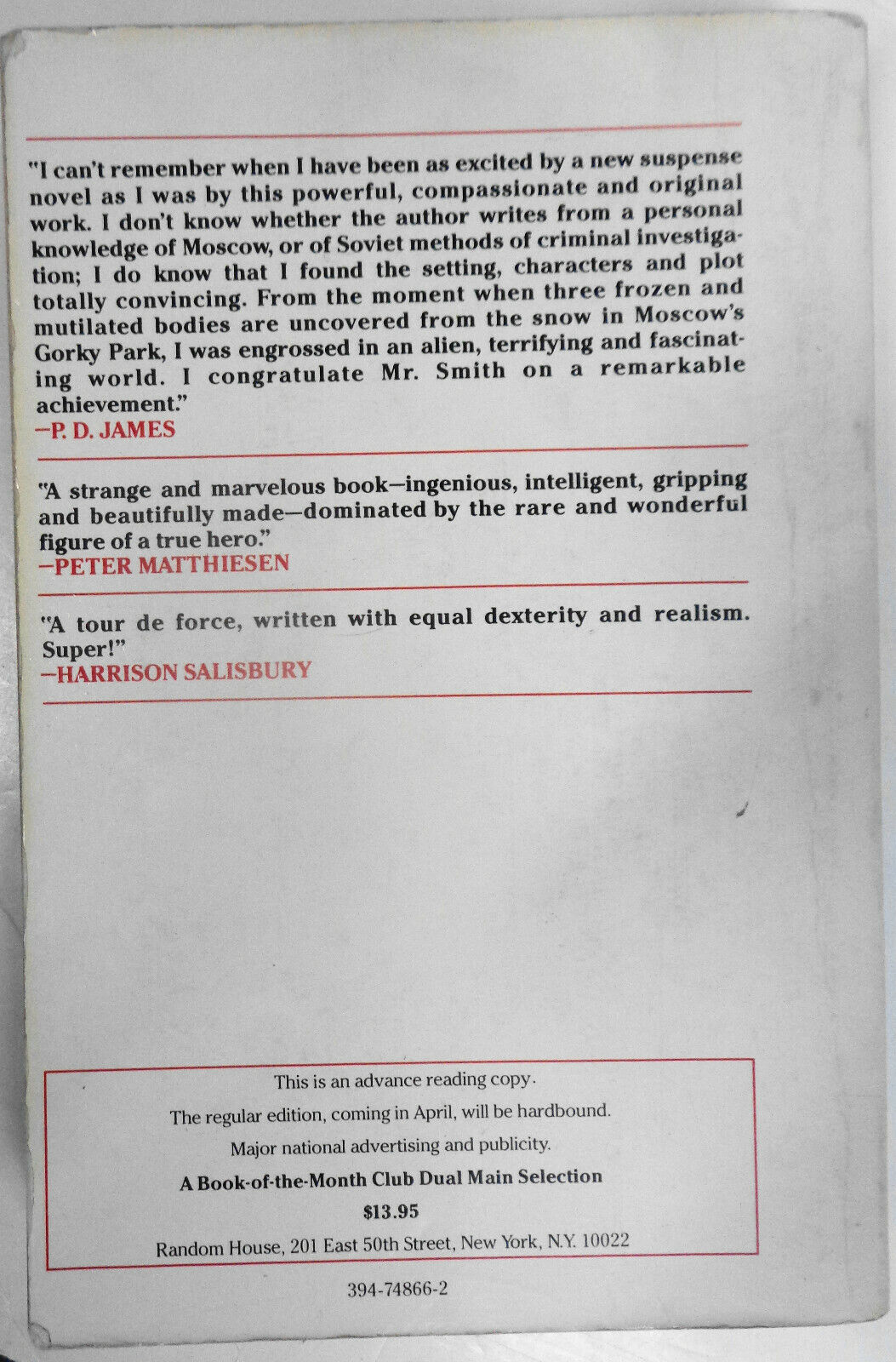 Gorky Park, by Martin Cruz Smith. Special Readers Edition. Advance 1st ed 1981