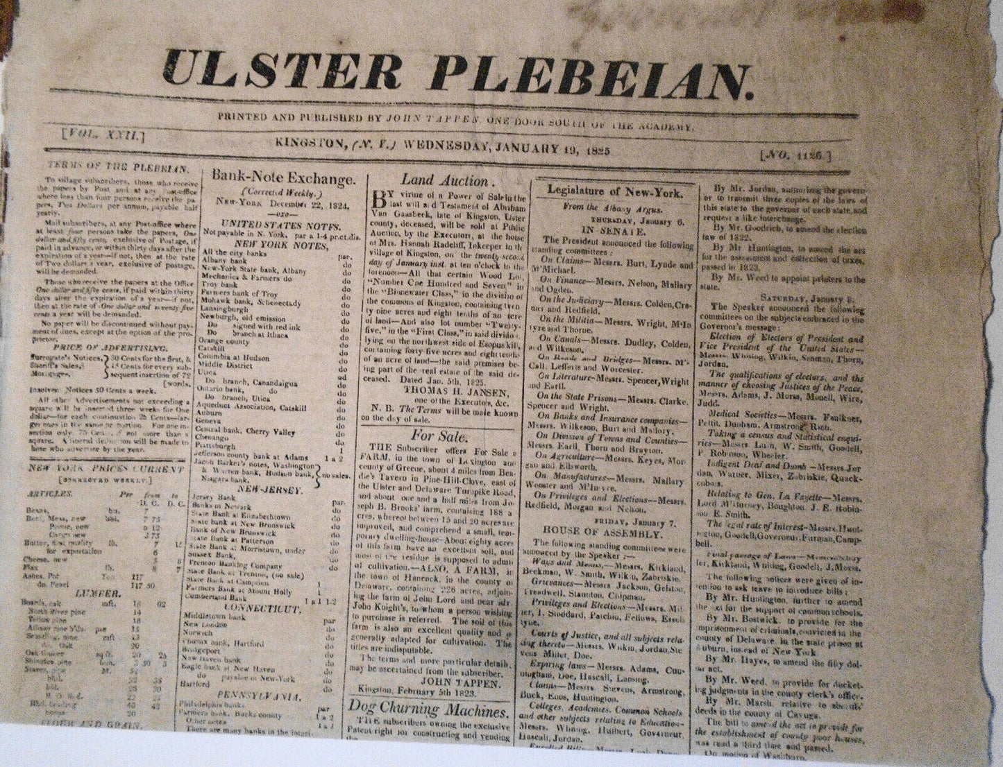 The Ulster Plebeian, January 19, 1825 - New York Governor DeWitt Clinton's copy