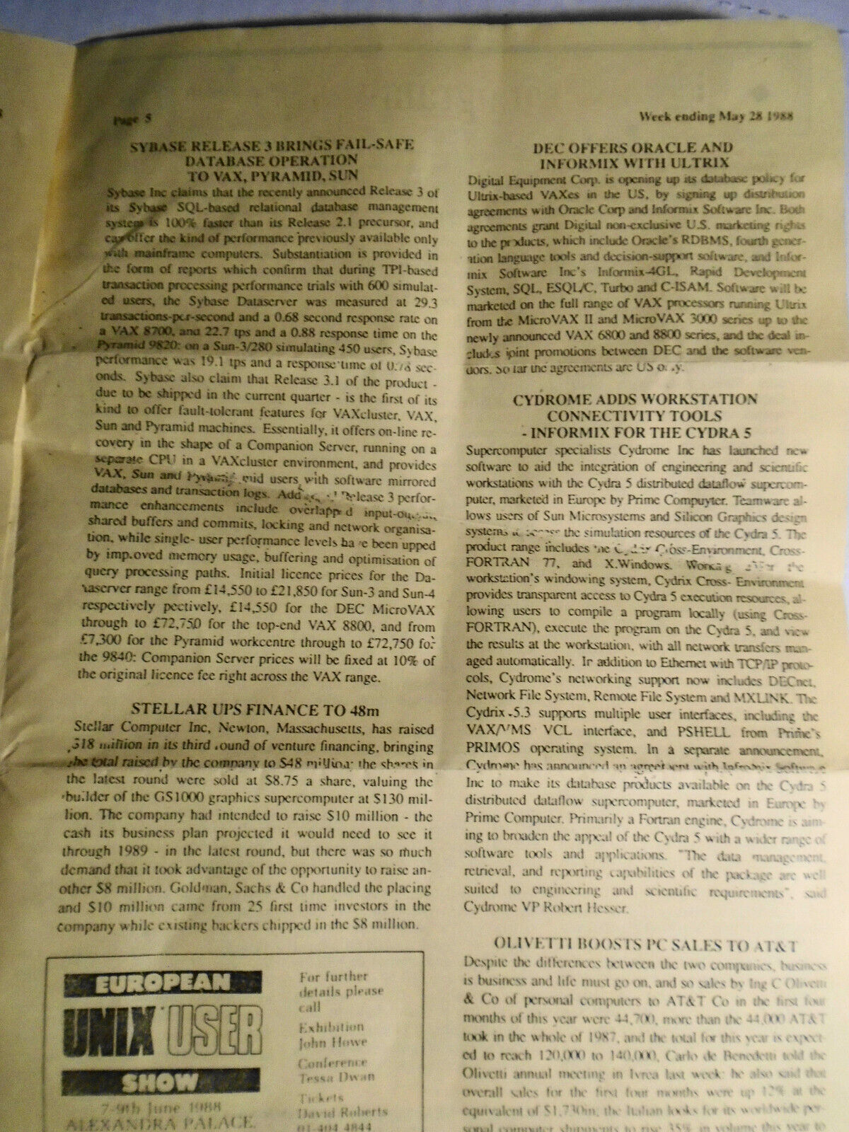 Unigram-X, #181 - May 28, 1988 - London weekly for UNIX manufacturers, et al