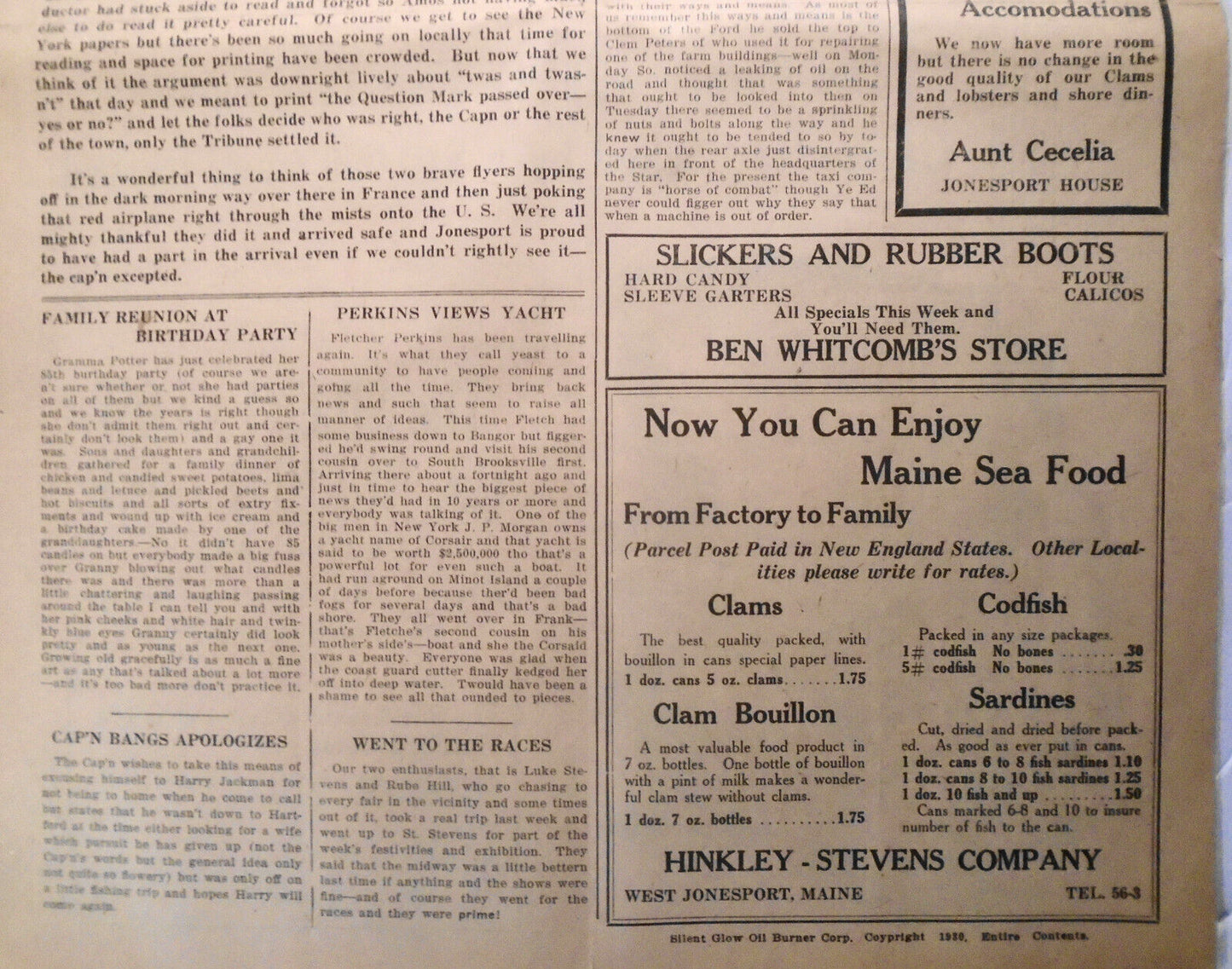 Jonesport Star, September 18, 1930 -  Fly over Jonesport...