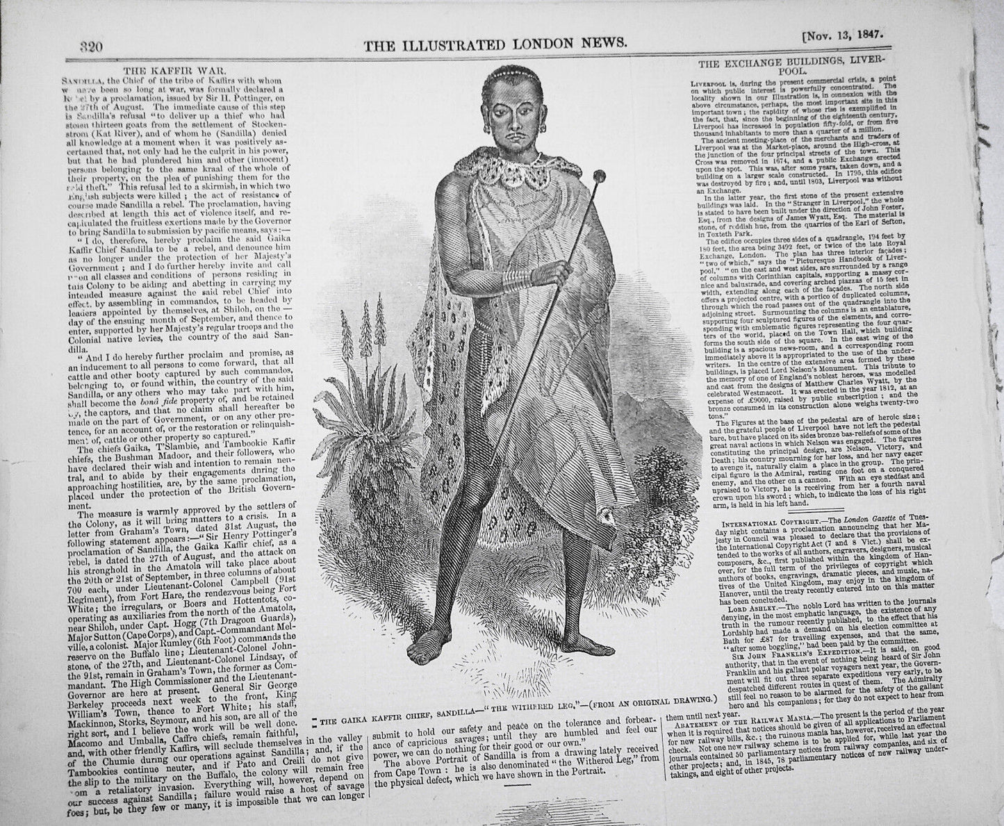 Sandilla, Chief of Kaffirs & Exchange Buildings. Illustrated London News, 1847