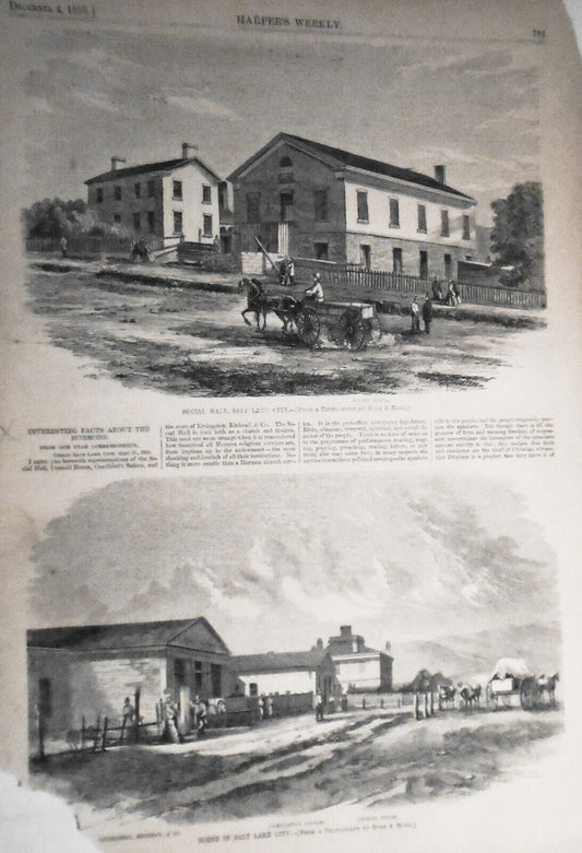 "Interesting Facts About The Mormons" - Harper's Weekly 1858, Story & 2 Prints