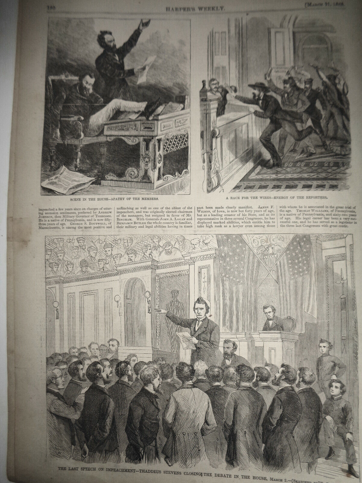 1868 Harper's Weekly March 21 - Impeachment of Johnson; Burning of Barnum Museum